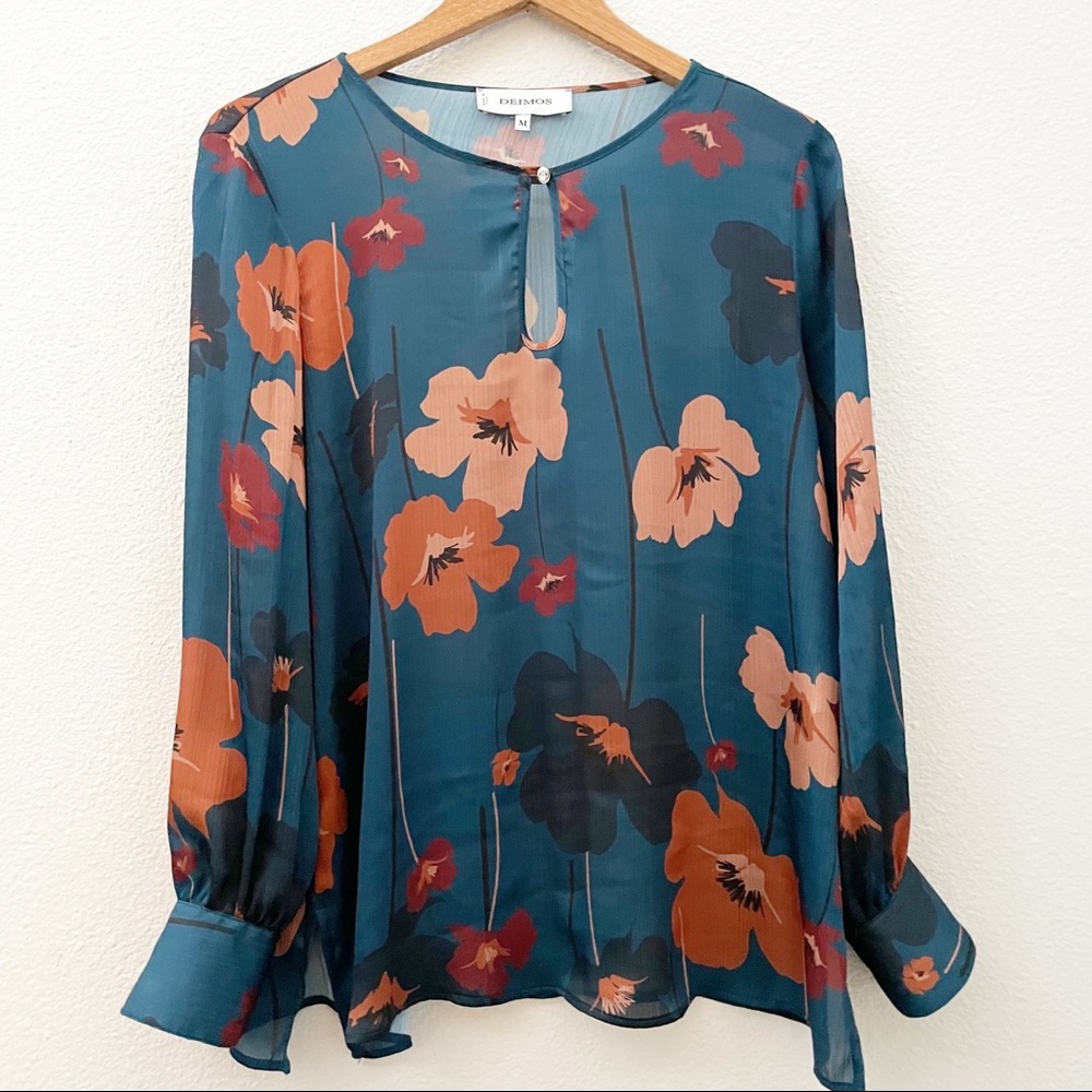 DEIMOS teal floral rhinestone button blouse size medium